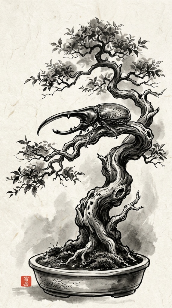 Japanese Ink Wash Art | Bonsai & Beetle Collection | Fugaku - Digital Download Set of 2