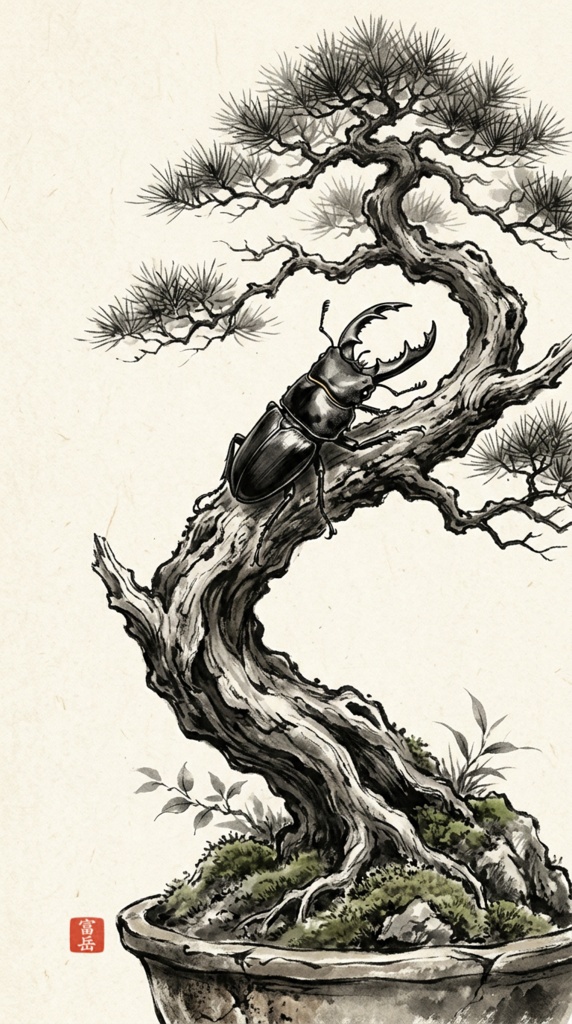 Japanese Ink Wash Art | Bonsai & Beetle Collection | Fugaku - Digital Download Set of 2