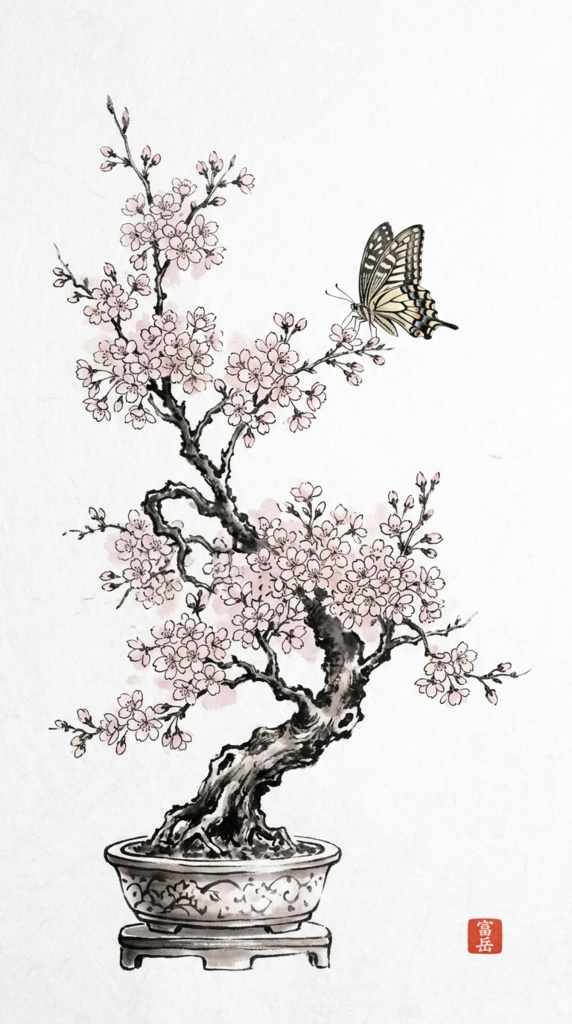 水墨画風｜桜盆栽×アゲハ蝶アート【富岳】デジタルデータ
