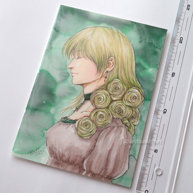原画 『薔薇の咲く髪(緑)』 (インク画)