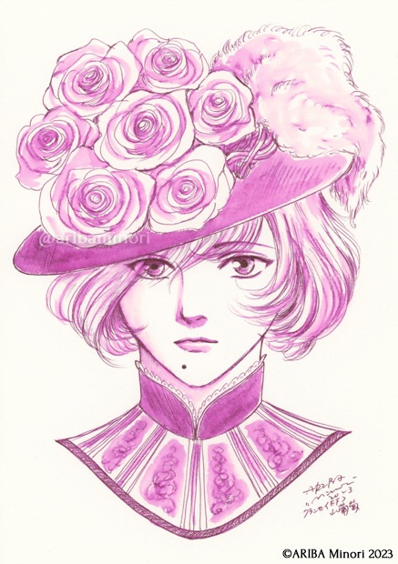 原画　薔薇の帽子の女性（インク画）