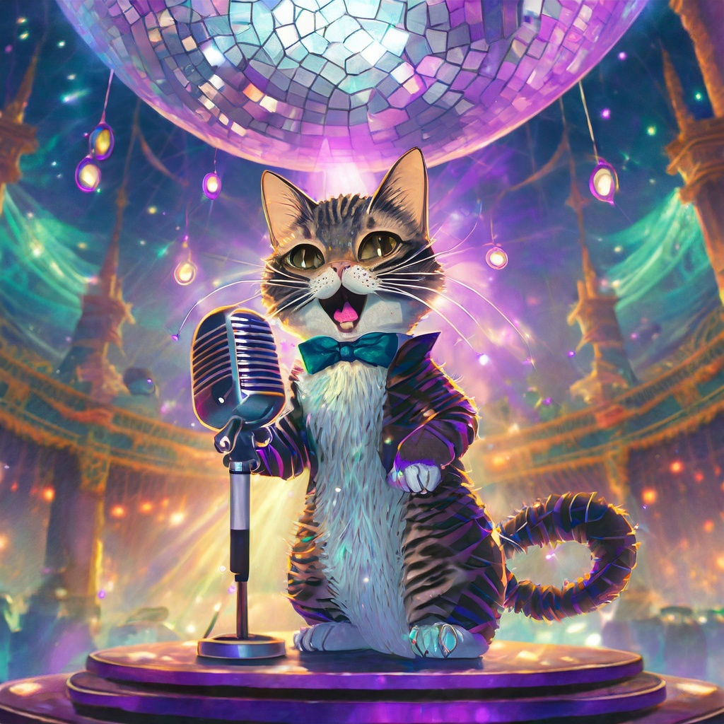 ミラーボールが光るステージで歌う猫/ Cat singing on stage with shining mirror ball