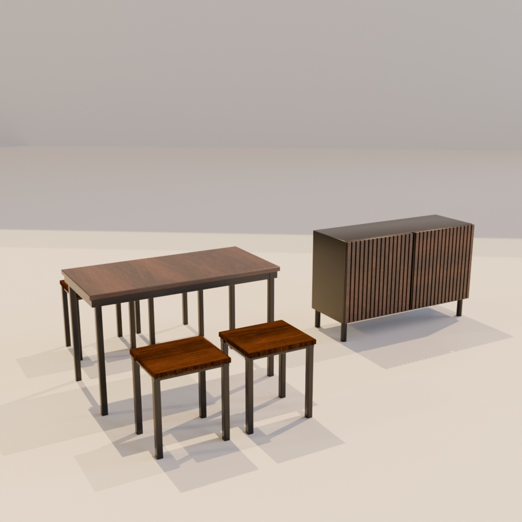【VRChat対応】北欧フルーテッド家具セット Wenge&Steel|机・棚・スツール4脚 3Dモデル