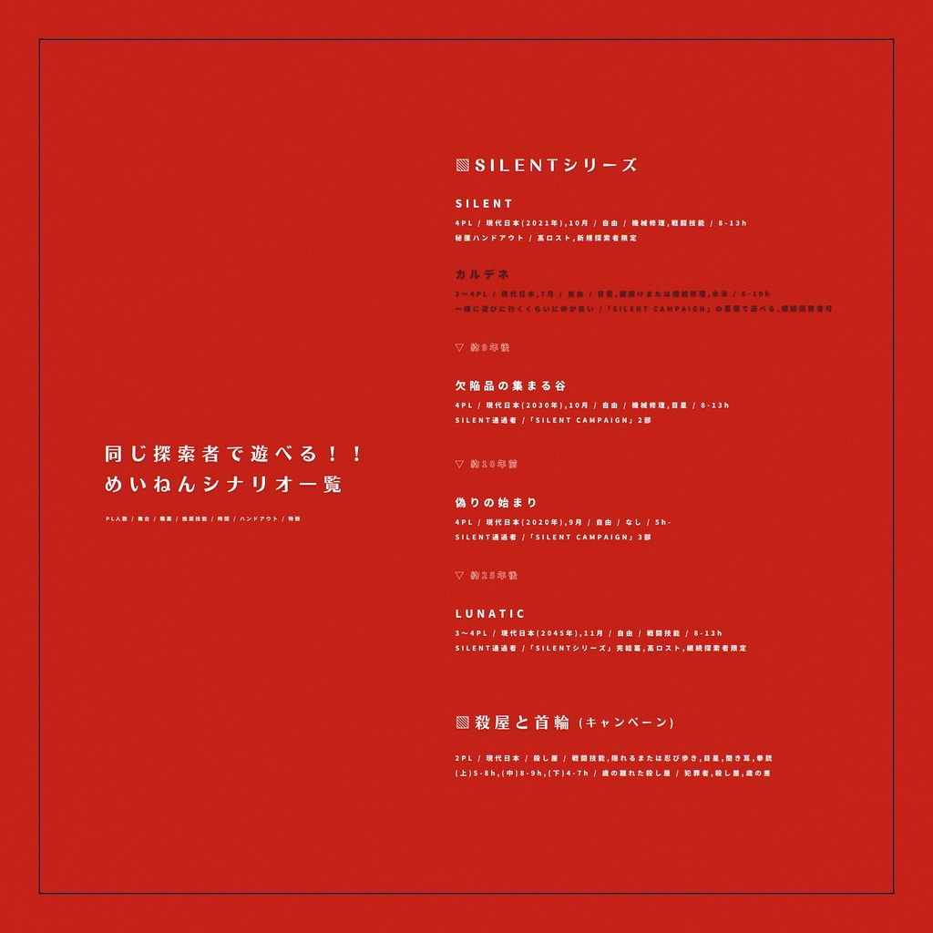 継続探索者・同じ探索者で遊べるシナリオ一覧