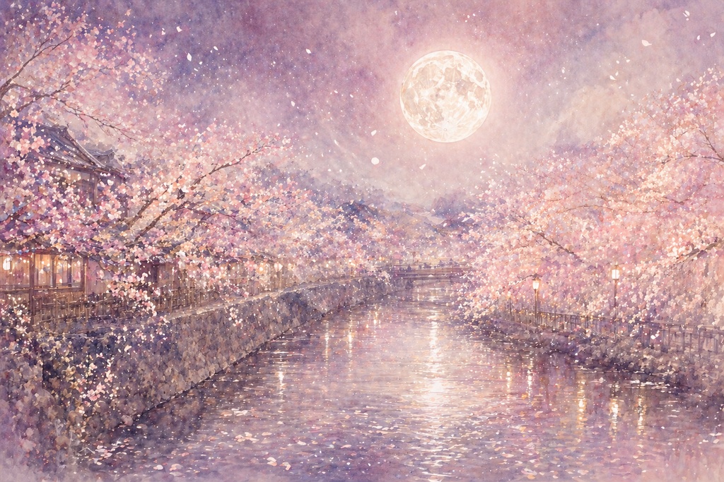 【AI画像】夜桜と月光 5点セット|壁紙・素材・印刷用|Luminous Japan 春