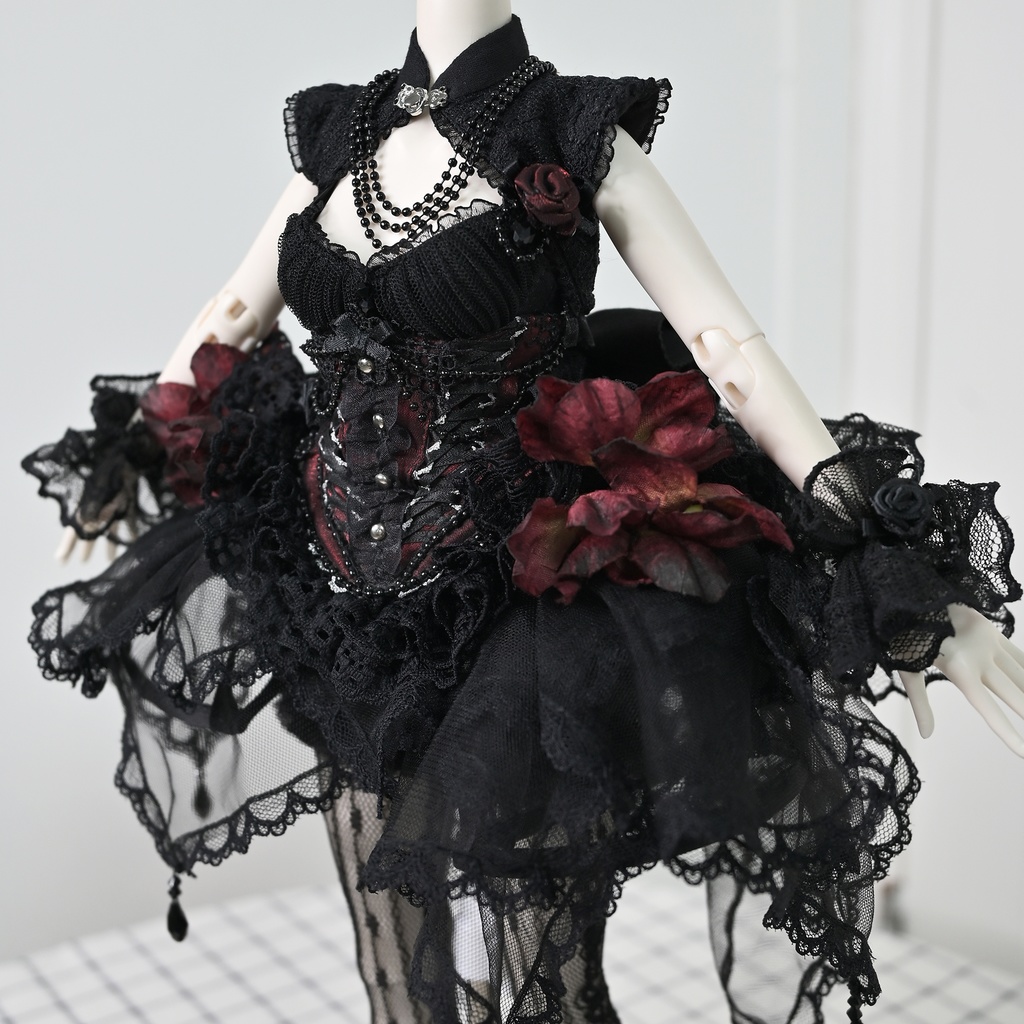 1/4ドール服 ゴシック風 ウエストシェイプ 赤黒 9点セット