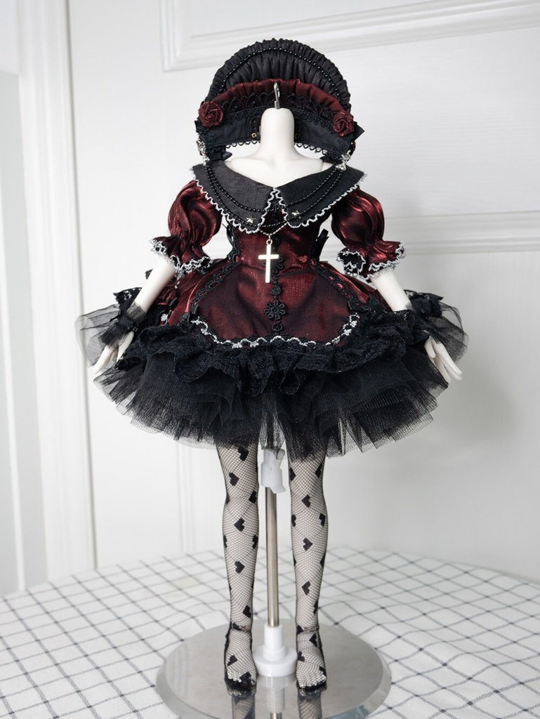 1/4ドール服 ワインレッド オフショルダー 赤い薔薇 クラシックドレス 7点セット