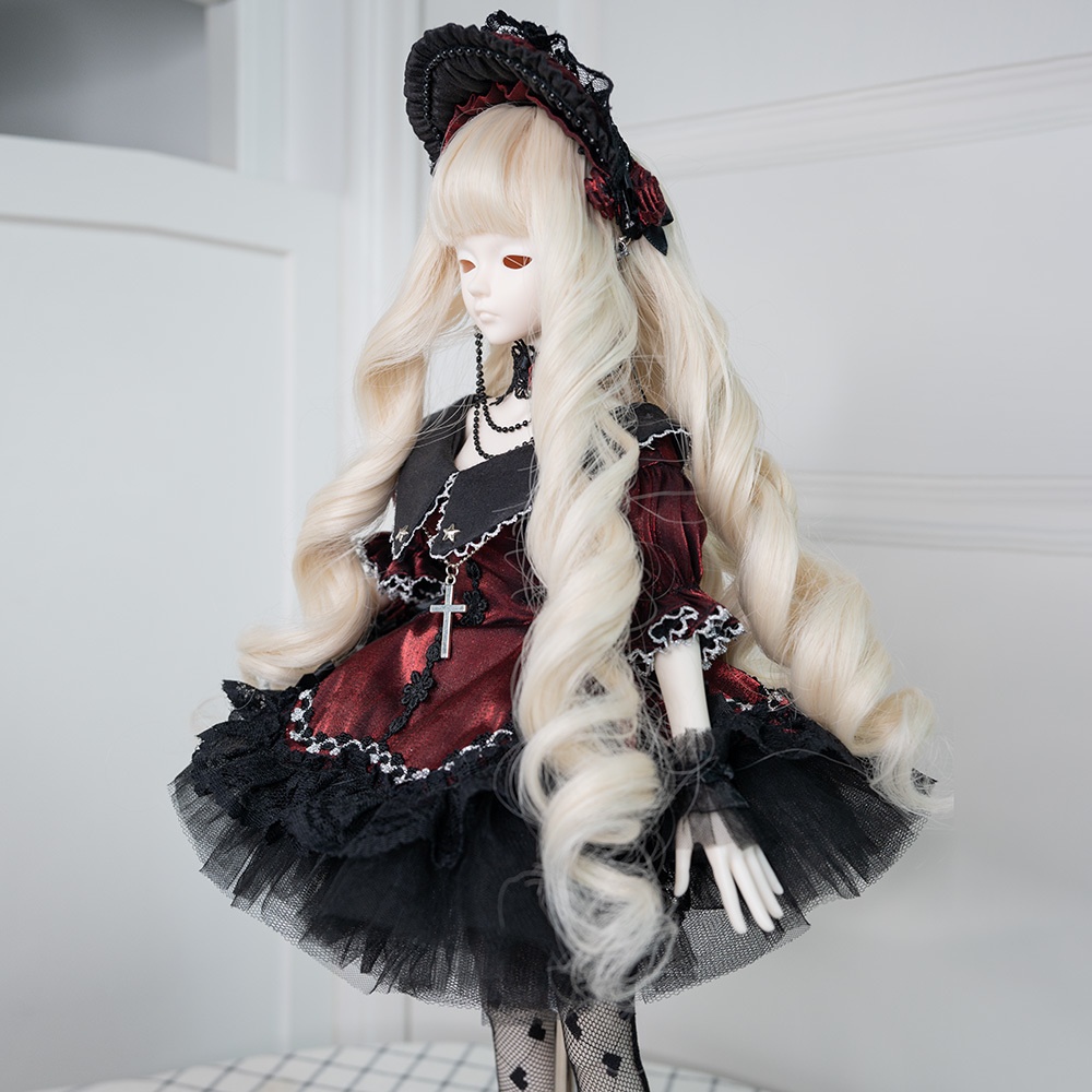 1/4ドール服 ワインレッド オフショルダー 赤い薔薇 クラシックドレス 7点セット