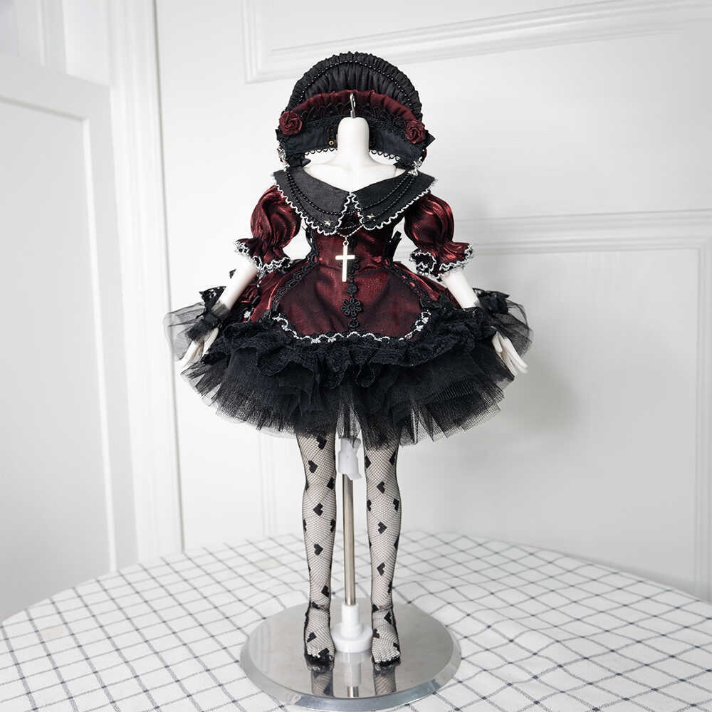 1/4ドール服 ワインレッド オフショルダー 赤い薔薇 クラシックドレス 7点セット