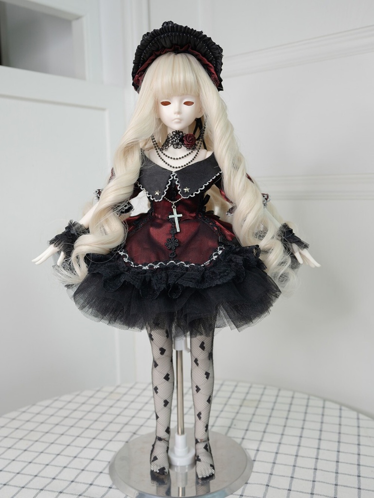 1/4ドール服 ワインレッド オフショルダー 赤い薔薇 クラシックドレス 7点セット