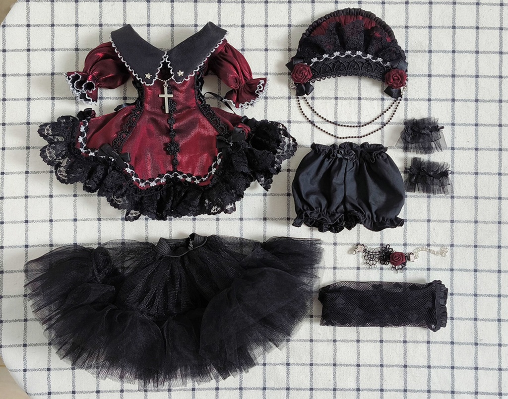 1/4ドール服 ワインレッド オフショルダー 赤い薔薇 クラシックドレス 7点セット