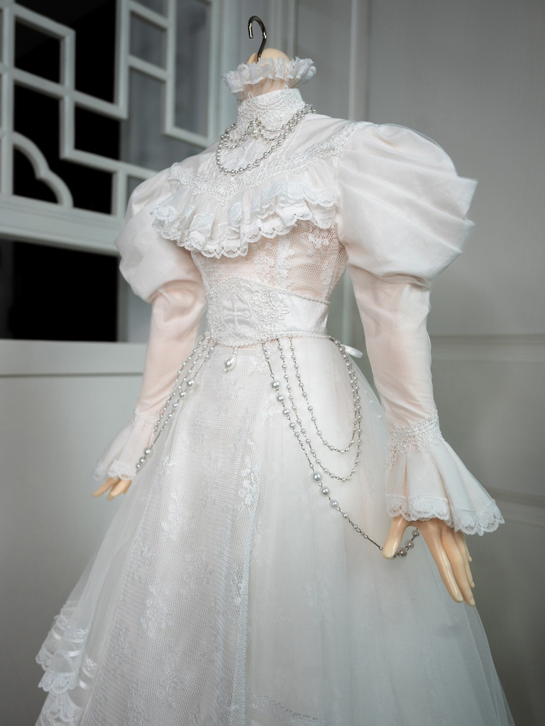 ドール服　75cmボディ　レトロホワイトワンピース　ウェディングドレス風 　5点セット　花嫁　コルセット