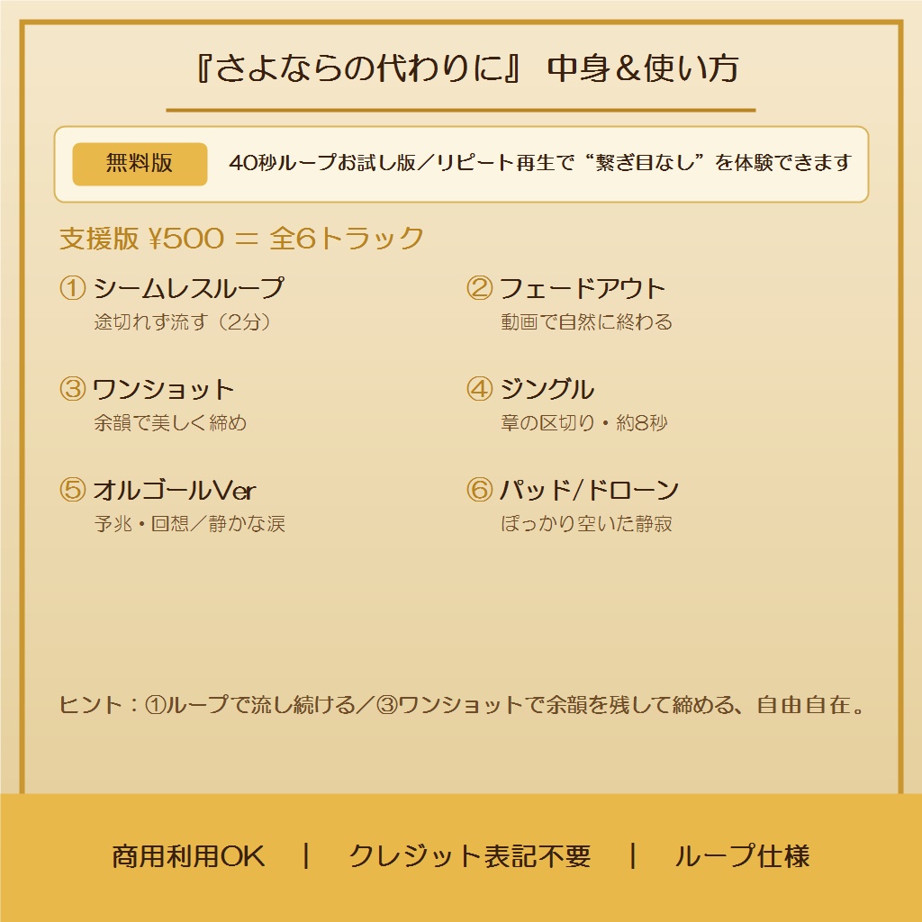 【商用OK/収益化OK/配信OK】泣けるピアノBGM全6種『さよならの代わりに』ループ/余韻/差分・バッドエンド|TRPG別れ・感動・睡眠用