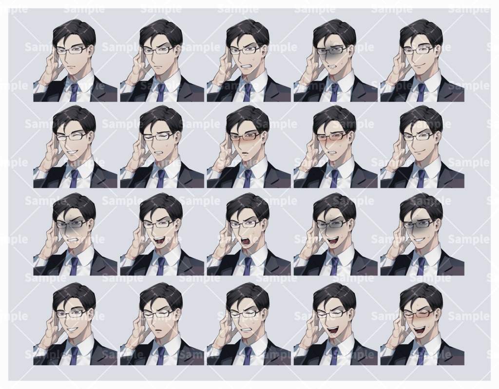 【立ち絵_01】メガネ黒スーツの男性(表情差分20種)【サングラス版アリ】