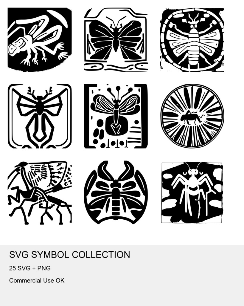 「商用利用可・高品質SVG|インカ風・絶滅危惧昆虫シルエット素材集」