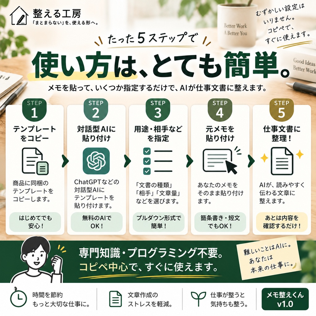 メモ整えくん v1.0|メモ→仕事文章に整えるAIテンプレート