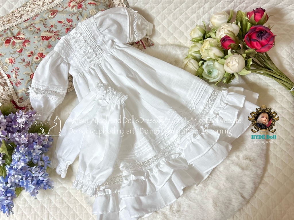1/4ドール用ベビードレス・ドロワーズ・ベッドリボン付き