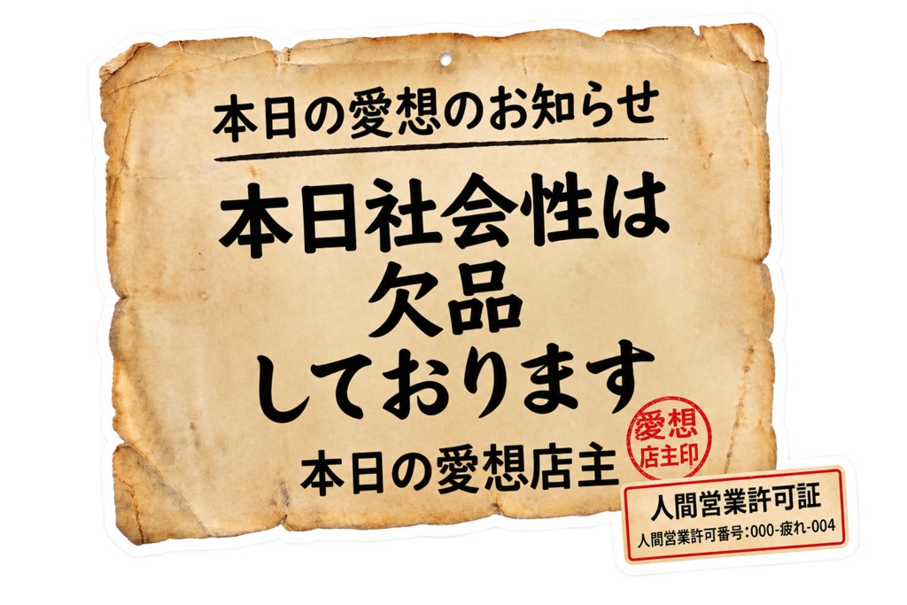 人生臨時休業ラベル 6種セット|レトロ感情ステッカー素材