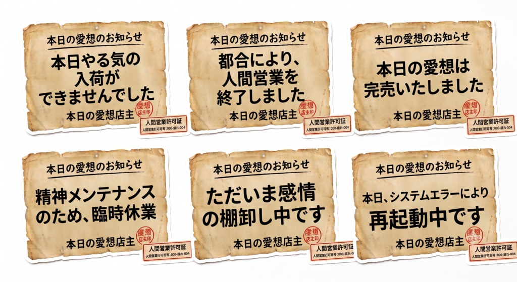 人生臨時休業ラベル 6種セット｜レトロ感情ステッカー素材