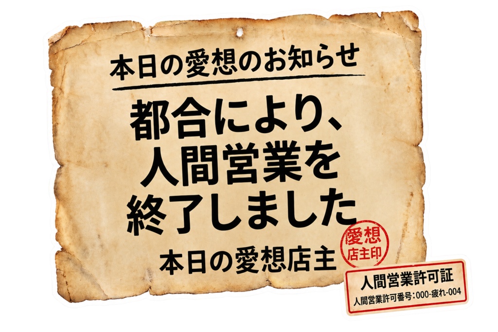 人生臨時休業ラベル 6種セット|レトロ感情ステッカー素材