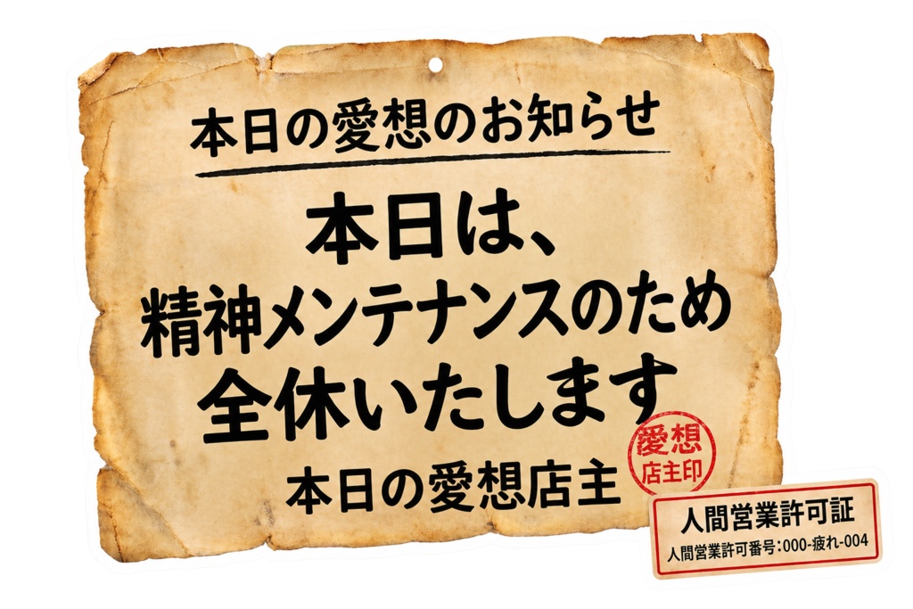 人生臨時休業ラベル 6種セット|レトロ感情ステッカー素材