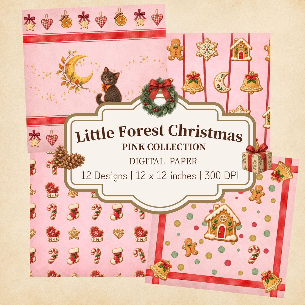 森の小さなクリスマス｜デザインペーパー12枚セット〈ピンク・１２インチ〉