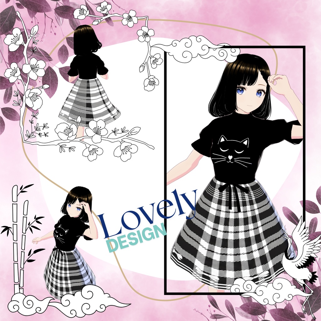 Vroid Black top with white cat and plaid skirt clothing dress texture for Vroid 衣装  テクスチャ セット