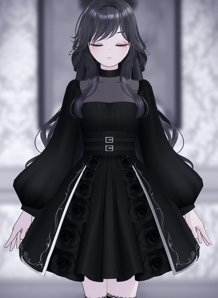 【スキニング済衣装】ブラックローズドレス