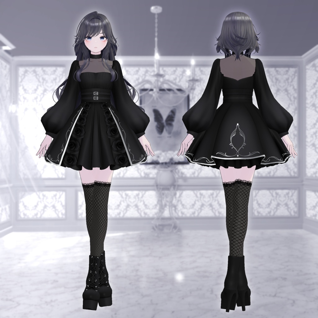 【スキニング済衣装】ブラックローズドレス