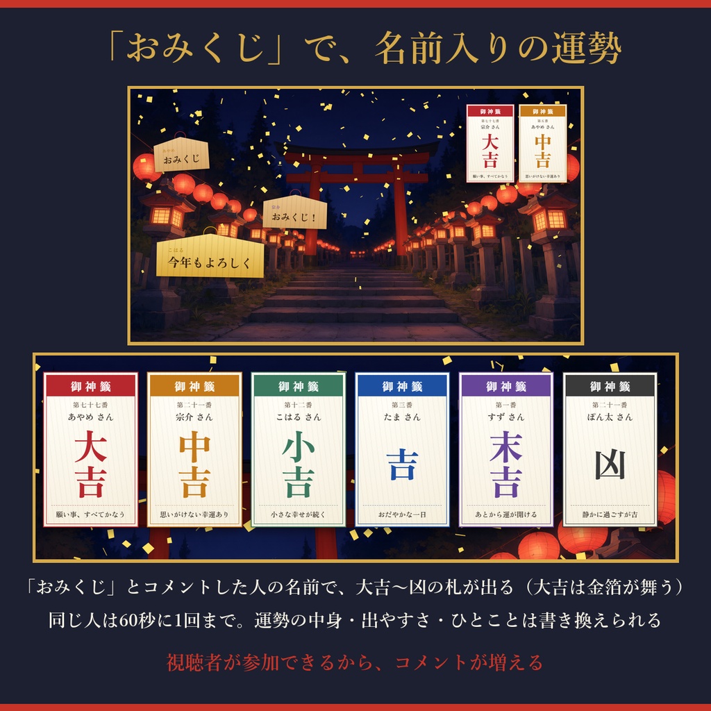 はんなりコメント【わんコメ対応】短冊・絵馬・筆文字の和風コメント/おみくじ・演出8種・置き方2種