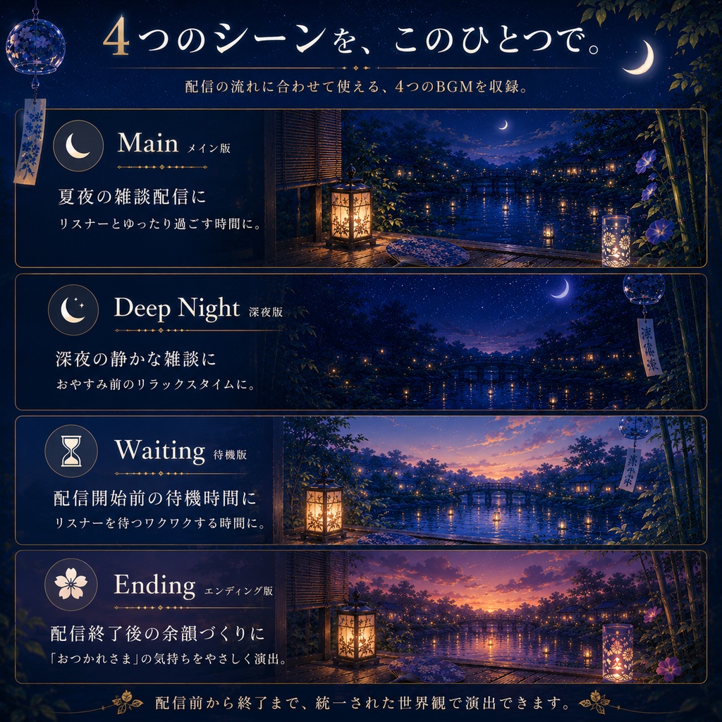 涼藍 -Ryoran-|VTuber様向け 夏夜の和風LoFi配信BGM4点セット【商用OK】