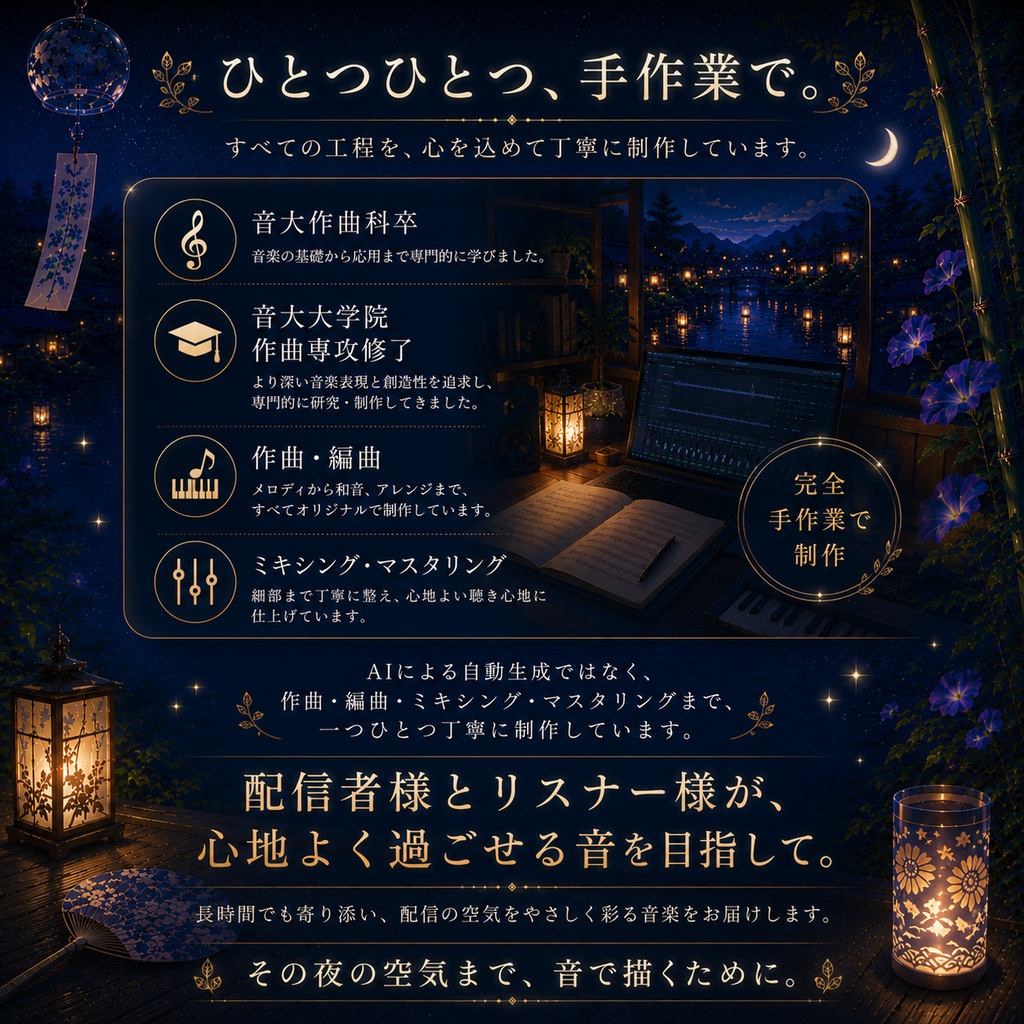 涼藍 -Ryoran-|VTuber様向け 夏夜の和風LoFi配信BGM4点セット【商用OK】