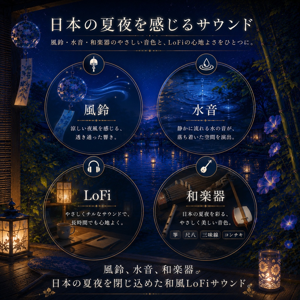 涼藍 -Ryoran-|VTuber様向け 夏夜の和風LoFi配信BGM4点セット【商用OK】