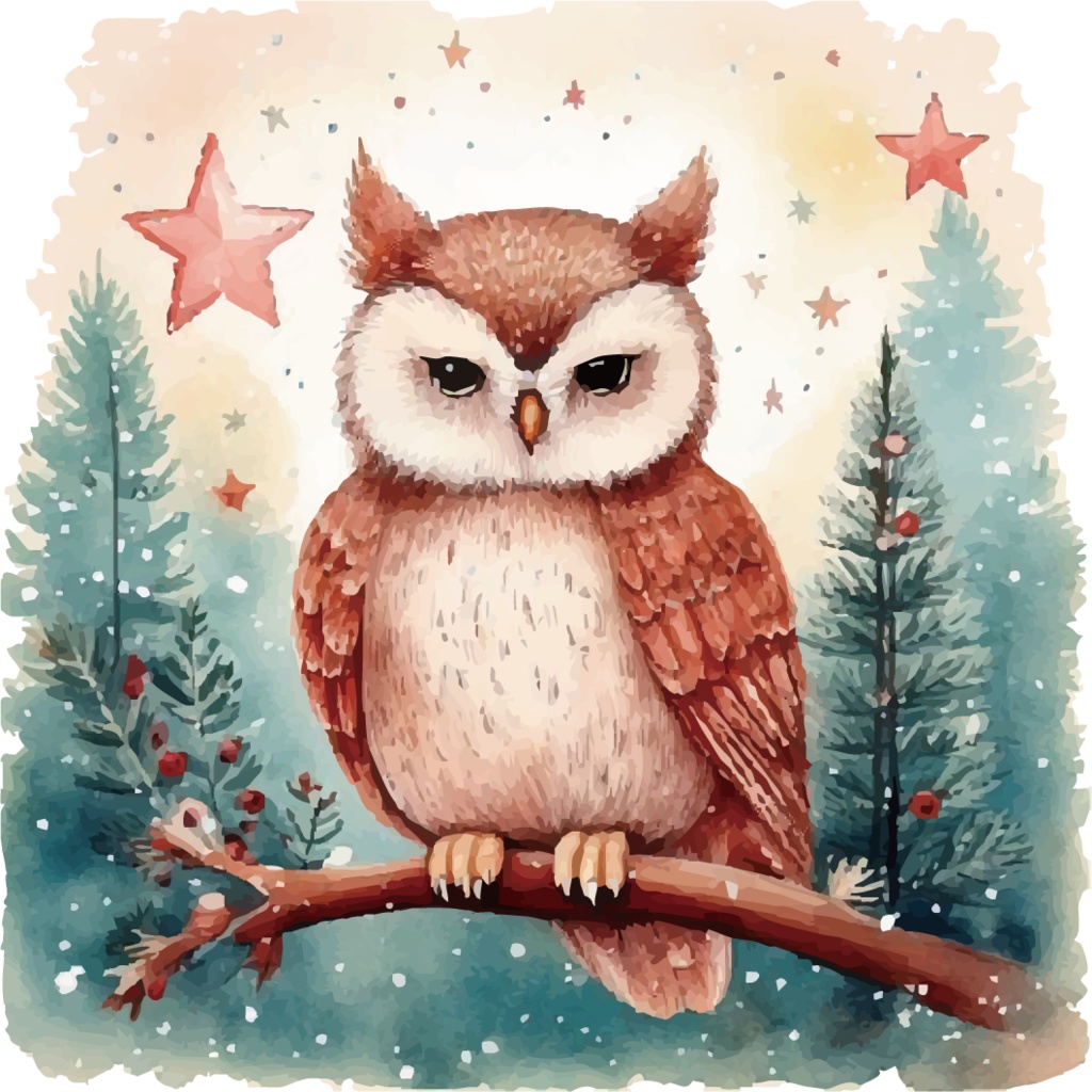 【冬の夜の森のフクロウ】水彩タッチのミニトートバッグ