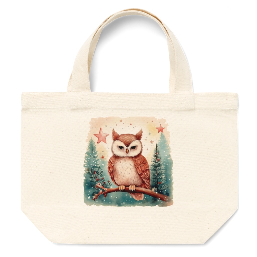 【冬の夜の森のフクロウ】水彩タッチのミニトートバッグ