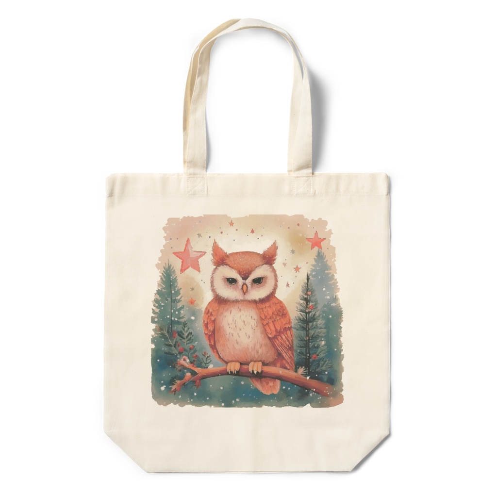 【冬の夜の森のフクロウ】水彩タッチのエコバッグ