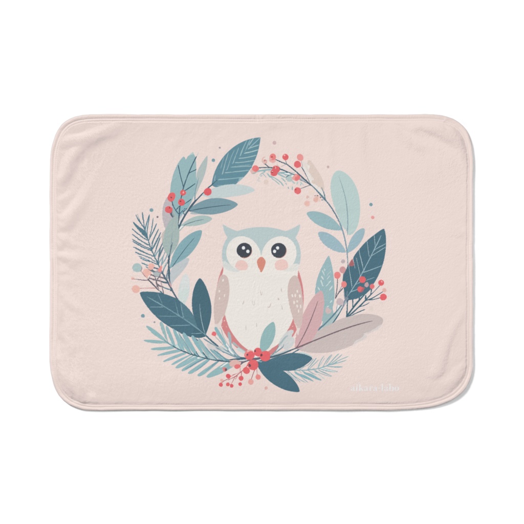 【クリスマスリースとフクロウ】ふんわりブランケット(ピンクコーラル/ブラック&メヌエット)