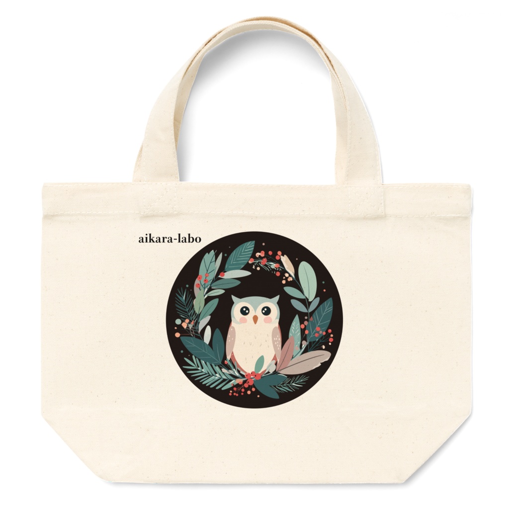 【クリスマスリースとフクロウ】ミニトートバッグ(ブラック/ナチュラル)
