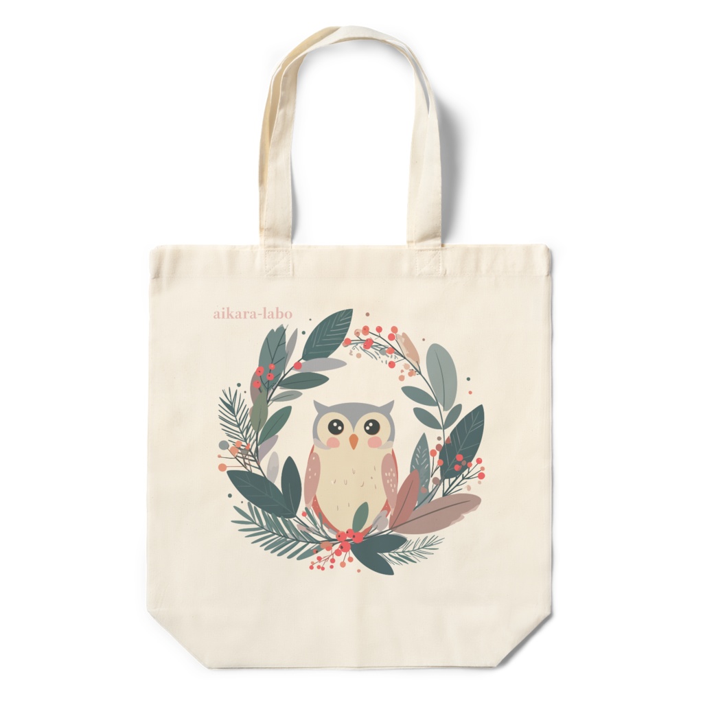 【クリスマスリースとフクロウ】エコバッグ［ナチュラル/ブラック］