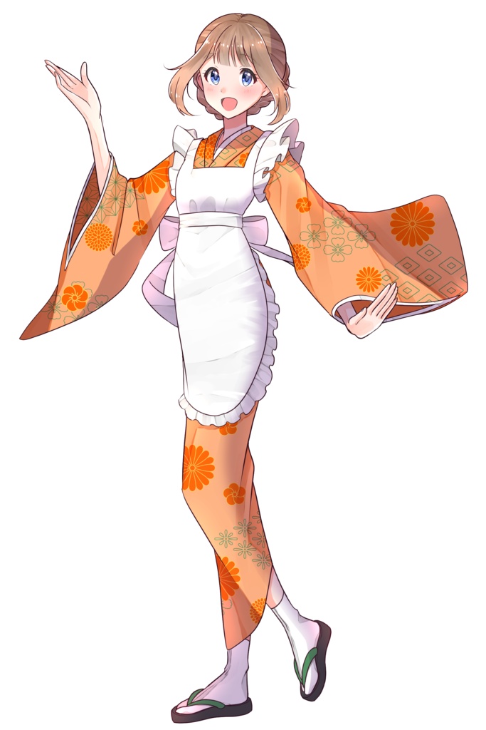 【全身立ち絵】和服エプロンの女の子_表情差分あり