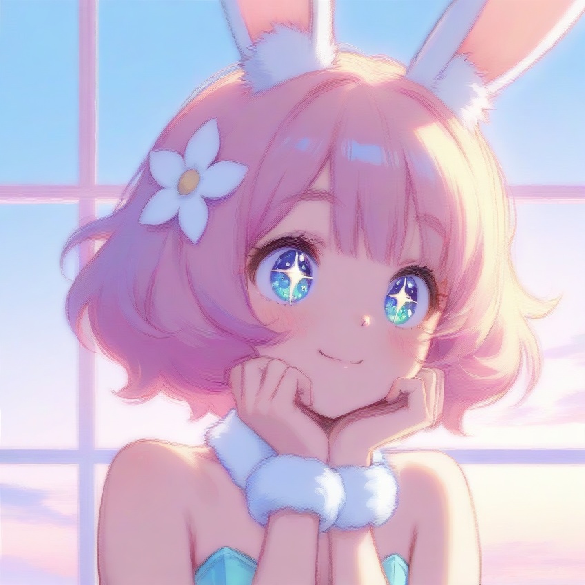 ふわふわ系アニメ美少女イラスト9枚セット,商用利用可【高解像度PNG,うさ耳】