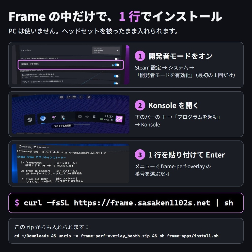 【Steam Frame】fps・温度・電力を視界に出す性能パネル「frame-perf-overlay」