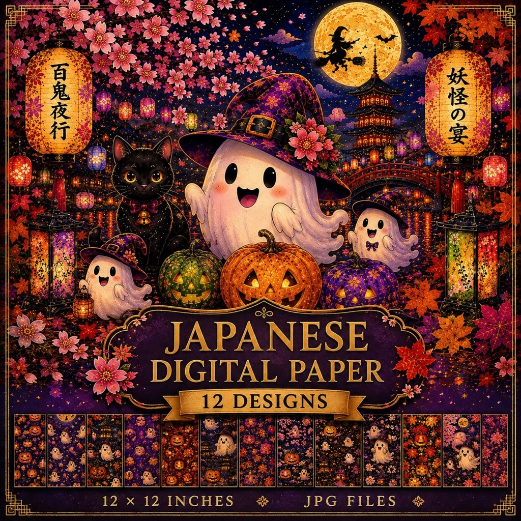 和風ハロウィン デジタルペーパー 12柄 / おばけ・かぼちゃ・和柄 / JPG