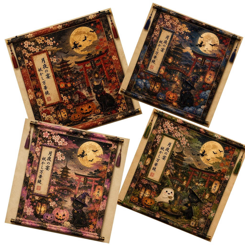 和風ハロウィン デジタルペーパー 12柄 / 黒猫・かぼちゃ・おばけ・和柄・掛軸風 / JPG