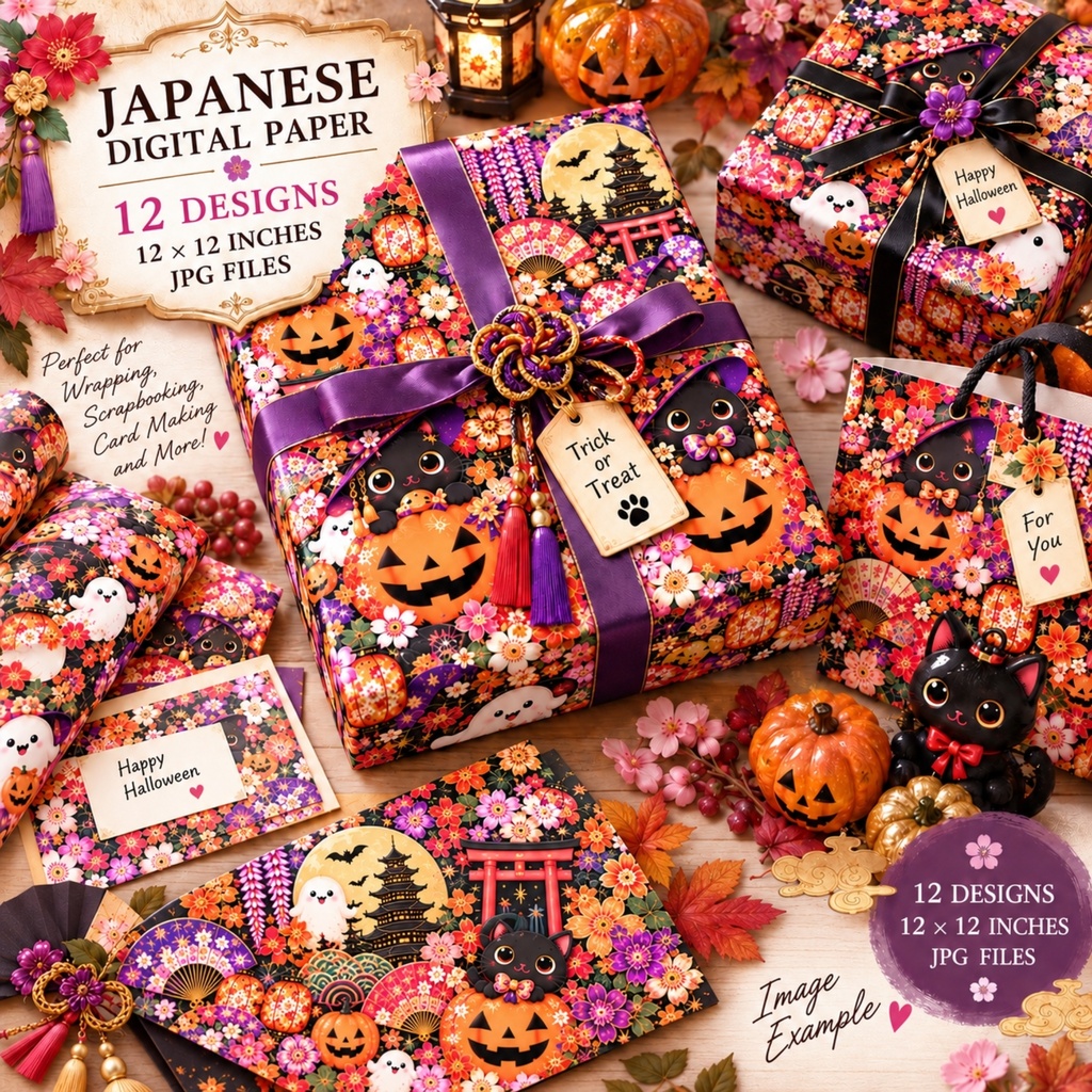 和風ハロウィン デジタルペーパー 12柄 / カラフル / おばけ・かぼちゃ・黒猫 / ラッピングペーパー / JPG