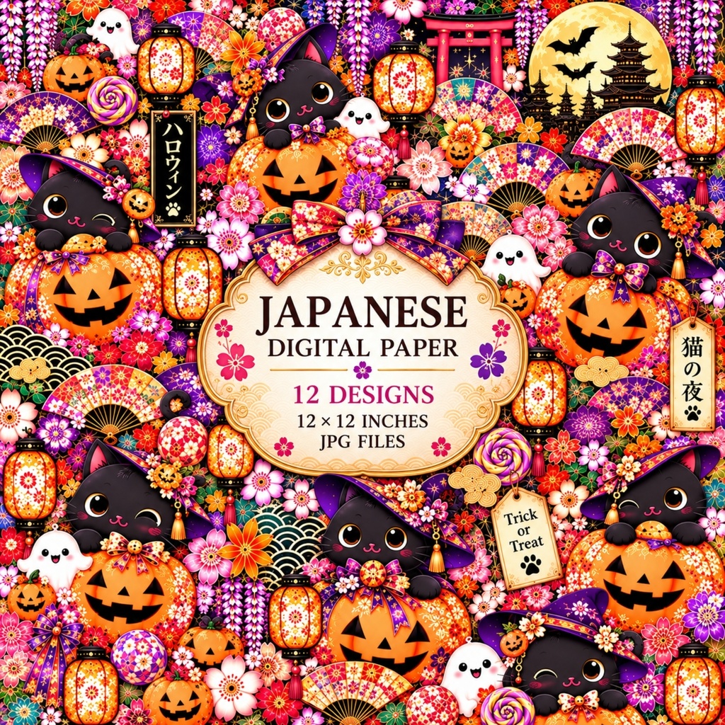 和風ハロウィン デジタルペーパー 12柄 / カラフル / おばけ・かぼちゃ・黒猫 / ラッピングペーパー / JPG