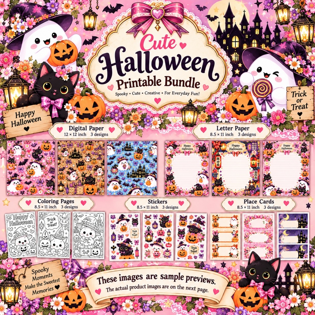 和風ハロウィン プリント素材 15ファイル / デジタルペーパー・便箋・塗り絵・ステッカー・席札 セット / デジタルダウンロード
