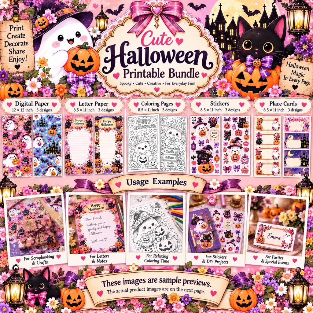 和風ハロウィン プリント素材 15ファイル / デジタルペーパー・便箋・塗り絵・ステッカー・席札 セット / デジタルダウンロード