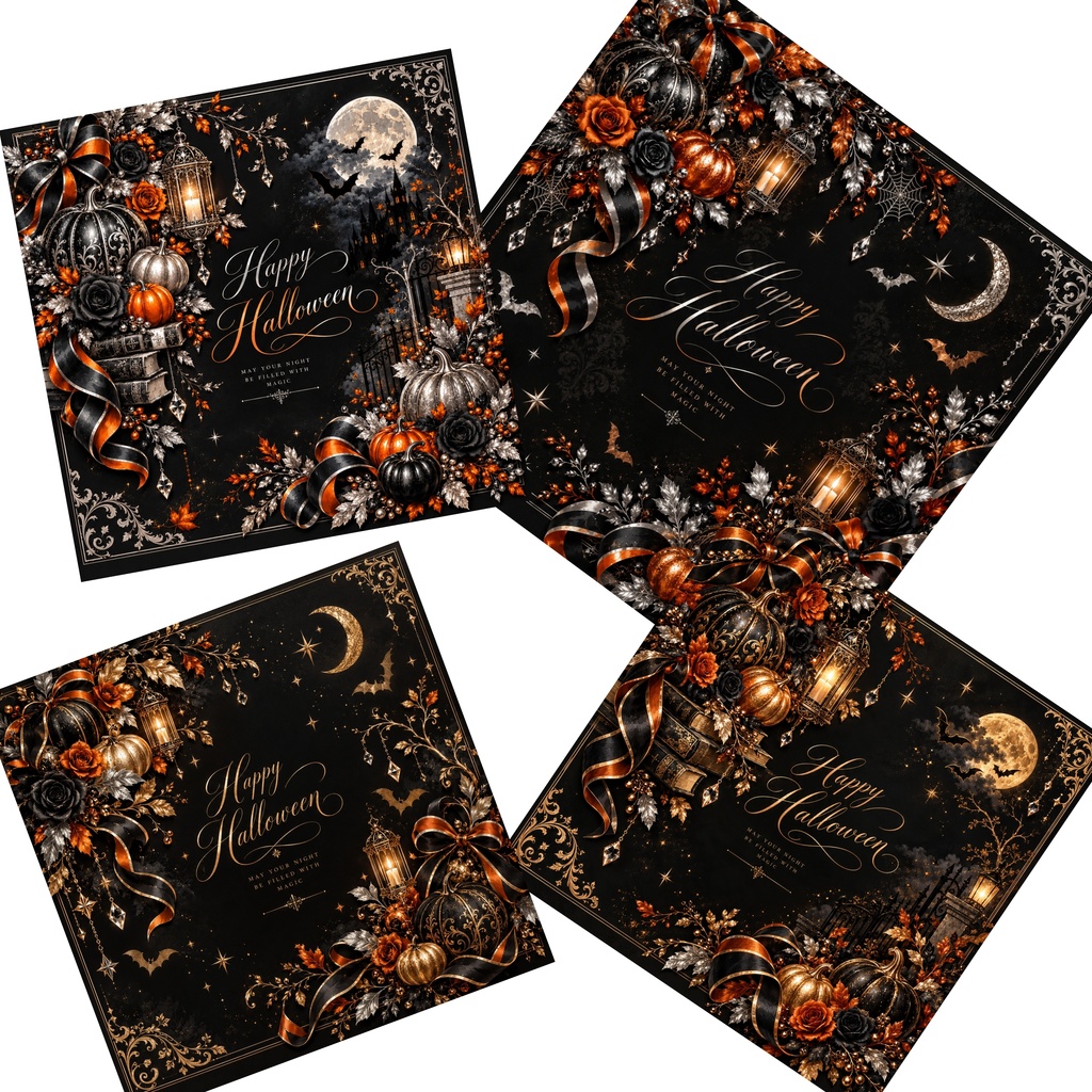 ハロウィン デジタルペーパー / ゴージャス / ラッピングペーパー / ブラック・オレンジ・ゴールド・シルバー / 12×12インチ / JPG / 12デ ザイン