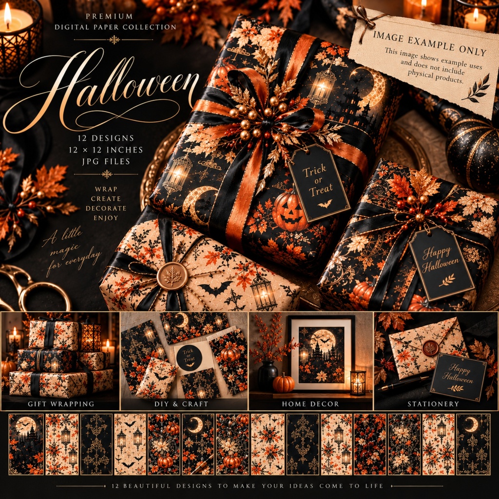 ハロウィン デジタルペーパー / ゴージャス / ラッピングペーパー / ブラック・オレンジ・ゴールド・シルバー / 12×12インチ / JPG / 12デ ザイン